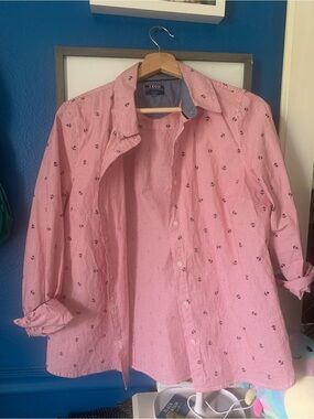 Izod Red and White Striped Button-Down with Navy Anchor Motif